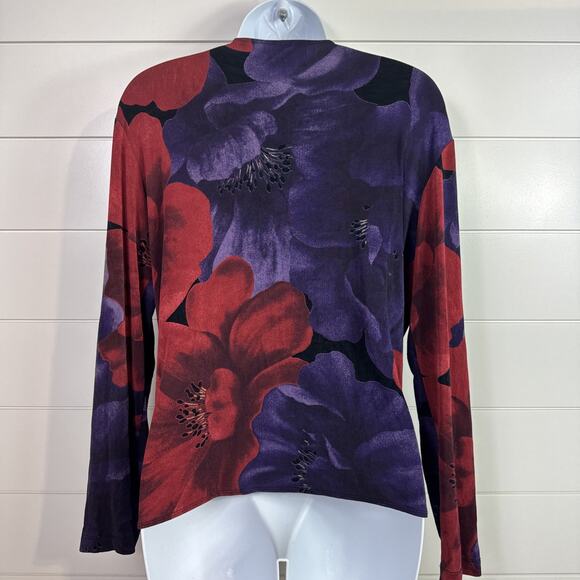 Chico's Travelers Ribbed Tie Front Cardigan Purple Red Floral sz 1 / Medium - Picture 5 of 7